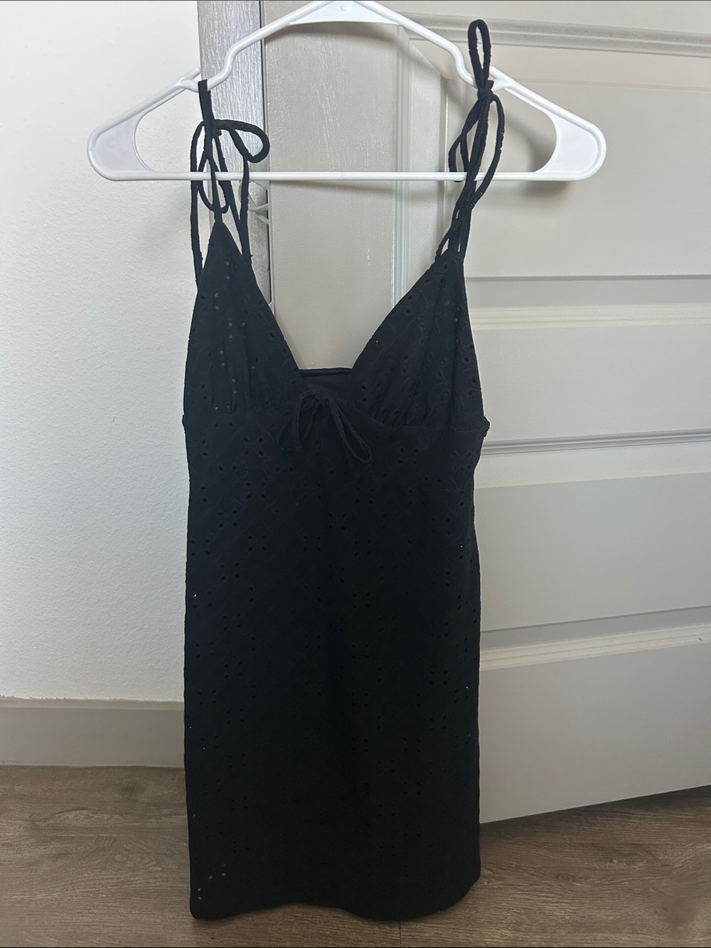 H&M Black Eyelet Tie-Shoulder Mini Dress